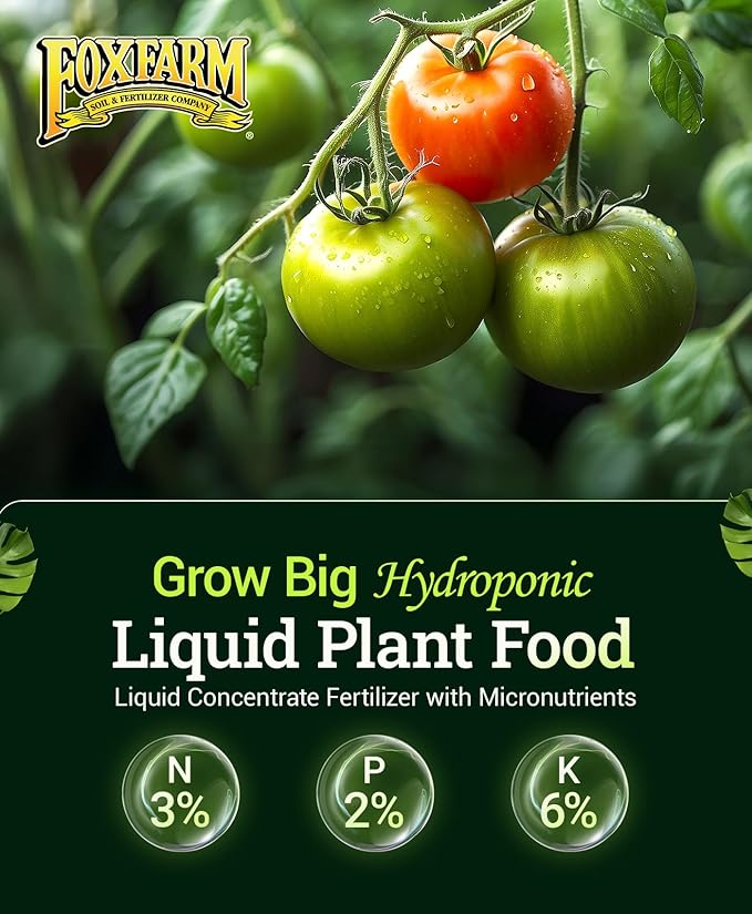 FoxFarm Grow Big Hydroponic Plant Food - 3-2-6 Liquid Plant Fertilizer for Lush Vegetative Growth in Hydroponic Systems - Liquid Concentrate with Earthworm Castings & Micronutrients - 1 Quart