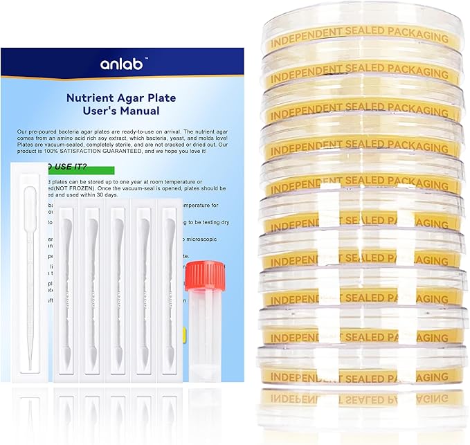 Nutrient Agar Petri Dishes Science Project Kit | Pre-Poured Agar Plates and Cotton Swabs for Science Experiments | Bacteria Science Kit - Sealed Separately (Items of 10)