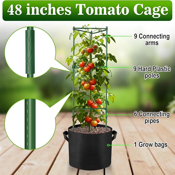 NNG 6 Packs 48 inches Tomato Cages with 10 Gallon Grow Bags,Garden Plant Support Cages,Plant Tower Stakes Garden Trellis for Climbing Plants,Tomato Plant Trellis for Vegetable Fruits Vines