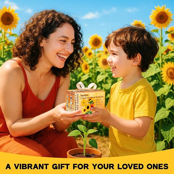 Sunflower Seeds Planting Kit - Christmas Gift for Family & Kids, 5 Non-GMO Heirloom Varieties with Pots, Soil & Tools. Easy to Grow Indoors/Outdoors, Perfect for Beginners