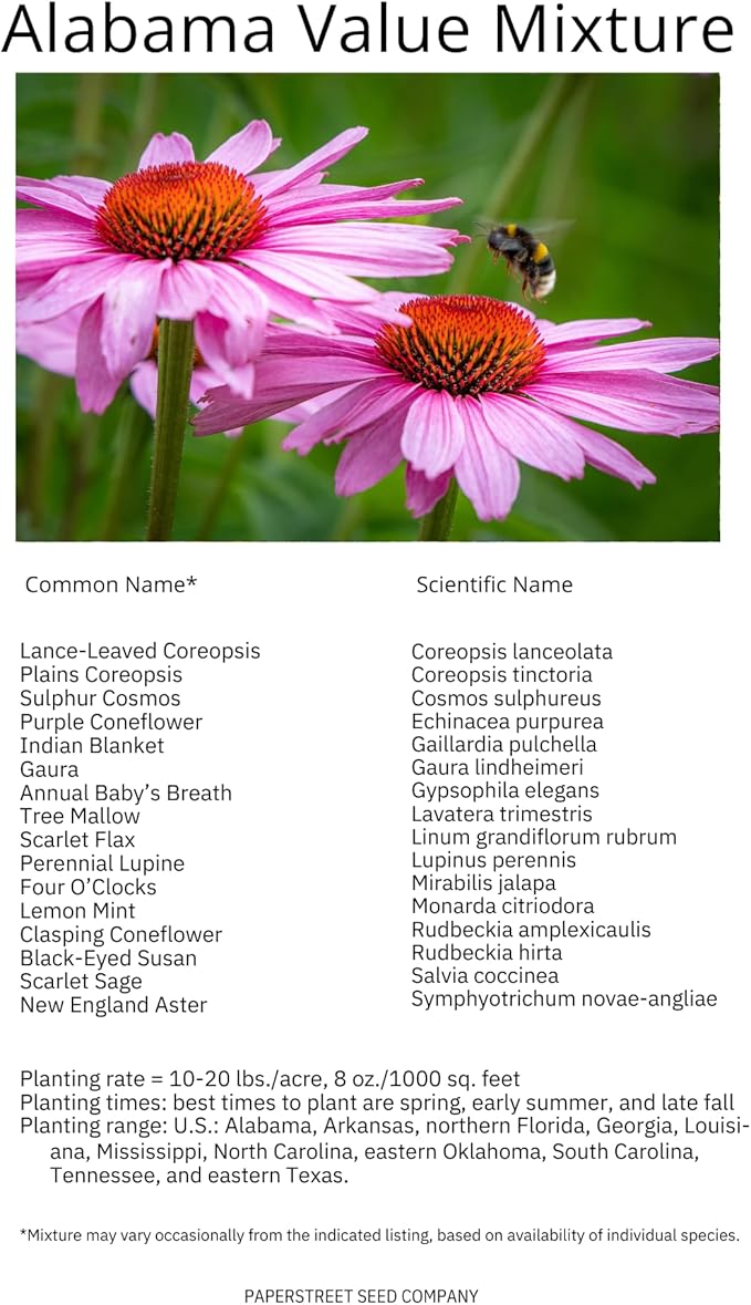 Alabama Bulk Perennial Wildflower Seed Mix 1lb Covers 2,000sq-ft - Attract Pollinators, Multi-Color Blooms - Southeast US Species Plant in Spring/Fall, Earth-Friendly Packaging (1/2 Pound)