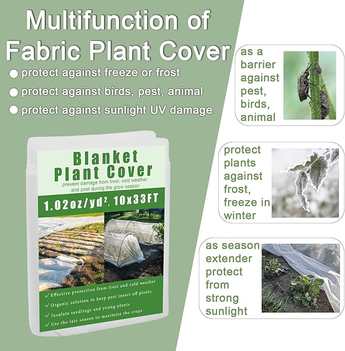 Plant Covers Freeze Protection, 10x33ft Reusable Frost Blanket, Non-Woven Winter Plant Cover for Outdoor Plants, Vegetables,Flowers, 1 oz/yd² Frost Cloth for Cold Weather Snow