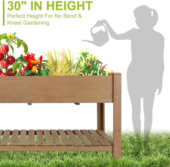 ketive Raised Garden Bed with Legs - Elevated Wooden Planter Box, Durable Fir Wood, Reinforced Frame with Drainage Holes, Liner, and Storage Shelf for Vegetables, Herbs, Flowers, 47" x 23" x 30"