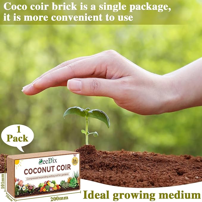 ZeeDix 1 Pack Coco Coir Brick, 100% Organic Compressed Coco Coir Brick Seed Starter Potting Soil for Plants, Premium Coconut Fiber Substrate with Low EC & pH Balance for Gardening Flower Herbs