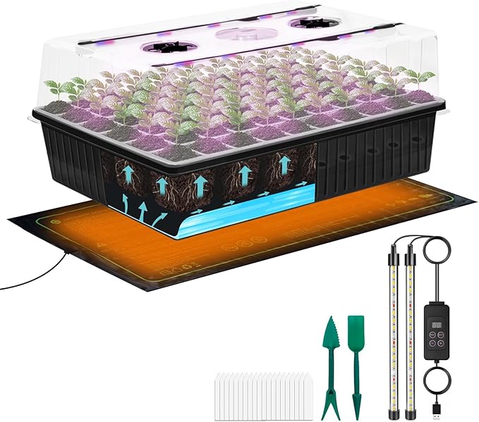 60-Cell Self-Watering Seed Starter Tray with Grow Light, Indoor Seed Starting Kit Trays with Heat Mat, Adjustable Brightness Plant Germination Trays Growing Kit with 4.13" Humidity Dome for Seeds Grow