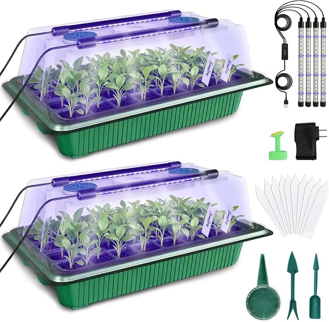 MQUPIN 80-Cell Seed Starter Tray with Grow Light, 2-Pack Adjustable Brightness Seed Starter Kit with Humidity Dome,Smart Timer,Watering Sprayer,Seeder,Plant Germination Kit for Seeds Growing