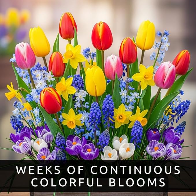 Beautiful Spring Flower Garden | 50 Fresh Bulbs | Top Size Bulbs, Easy to Grow Flower Bulb | Vibrant Spring Colors | Flower Blooms Tulip, Daffodil, Crocus, Muscari, Glory of The Snow