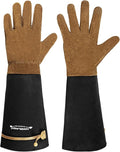 HANDLANDY Long Gardening Gloves for Men & Women, Pigskin Leather Rose Pruning Gloves, Breathable Thorn Proof Gauntlet Glove (Brown-Pigskin, L)