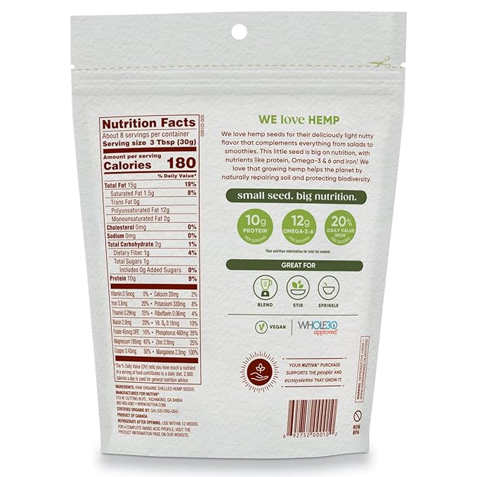 Nutiva Organic Raw Shelled Hemp Seed, USDA, Non-GMO, Non-BPA, Whole 30 Approved, Vegan, Gluten-Free & Keto, 10g Protein and 12g Omegas per Serving for Salads, Smoothies & More, Nutty flavor, 8 Ounce