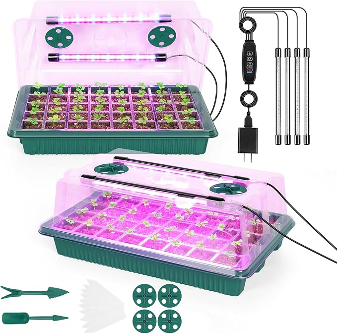 Seed Starter Tray with Grow Light 80 Cells Seed Starter Kit with Humidity Dome Indoor Seedling Starter Trays Adjustable Brightness and Timed Plant Germination Starter Trays for Seeds Growing, 2 Pack