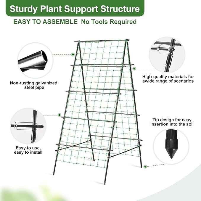 Lalahoni Garden Trellis for Climbing Plants Outdoor, 31.5x70.8 inch Metal A-Frame Cucumber Trellis Raised Bed, Climbing Plant Support Vine Fruit Flower Vegetable Tomato Peas Bean Trellis, with Netting