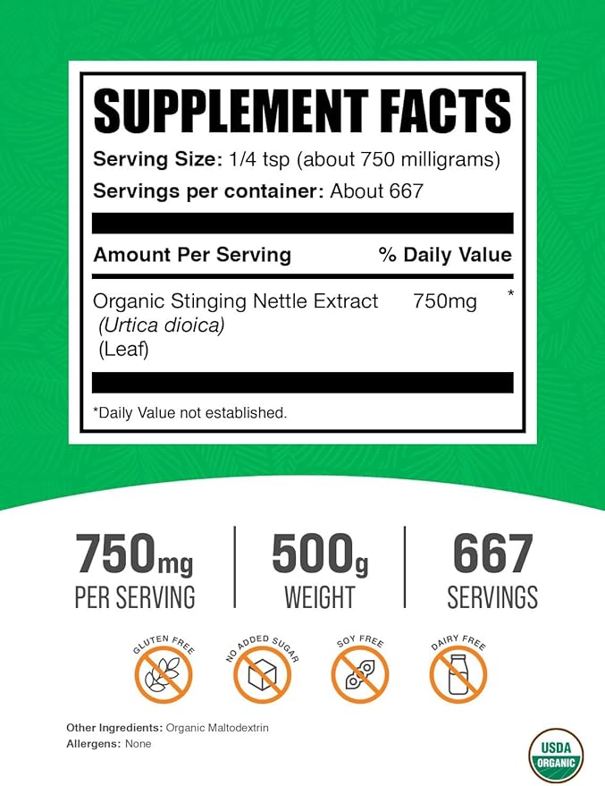 BulkSupplements.com Organic Stinging Nettle Extract Powder - Nettle Leaf Extract, Herbal Supplement - Vegan & Gluten Free, 750mg per Serving, 500g (1.1 lbs) (Pack of 1)