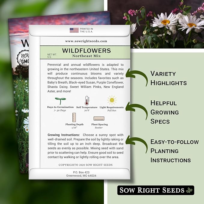 Sow Right Seeds - Wildflowers Seeds Mix for Planting in Northeast - Non-GMO Heirloom Varieties to Grow a Wild Flower Garden - Perennial and Annual Flowers to Attract Pollinators - Colorful Blooms (1)