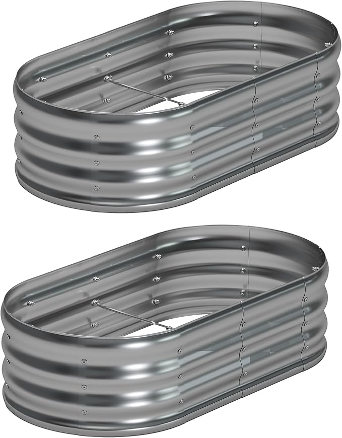 Foxlang 4x2x1ft(2 Pack) Galvanized Oval Raised Garden Bed,Outdoor Planter Box Metal Patio Kit Planting Bed for Vegetables Flowers Herb,Silver
