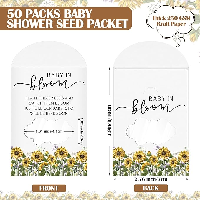 Fumete 50 Pack Baby in Bloom Seed Packets Baby Shower Party Favor for Guest Envelopes Kraft with Clear Window Resealable Seed Organizer Storage Bag for Gender Reveal Party, No Seeds(Sunflower)