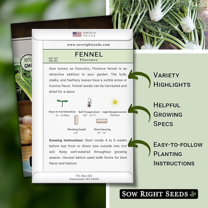 Sow Right Seeds - Florence Fennel Seed for Planting - Non-GMO Heirloom Packet with Instructions to Plant and Grow in Your Herbal Garden - Great for Seasoning and Cooking - Attract Pollinators (4)