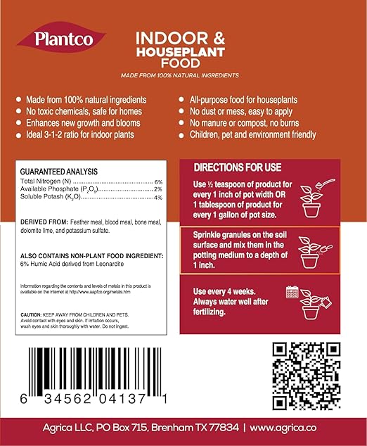 Indoor Plant Food for Houseplants | 100% Natural Fertilizer Granules for Potted Plants | Granular Fertilizer for House Plants | Plantco NPK 6-2-4 (½ lb)
