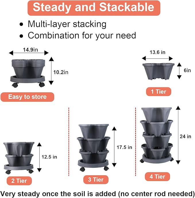 GameXcel Vertical Planter 4 Tier Stackable Planters Garden Planters Strawberry Herb Flower and Vegetable Planter Indoor Outdoor Gardening Pots with Removable Wheels and Tools