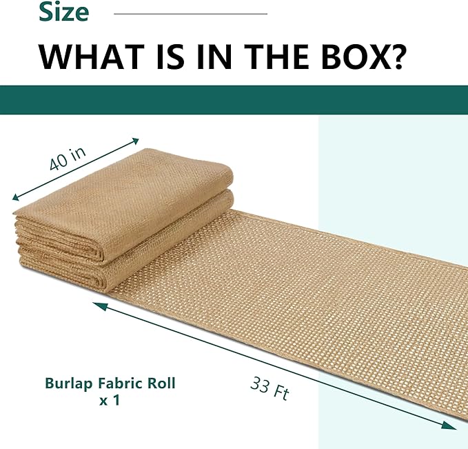 Nature Burlap Fabric Roll, Burlap Tree Wraps Trunk Protector, Winter Frost Plant Blankets Cloth, Landscape Weed Barrier Fabric, Erosion Control Blankets, DIY Garden Raised Bed Liners (40 Inch x 33 Ft)
