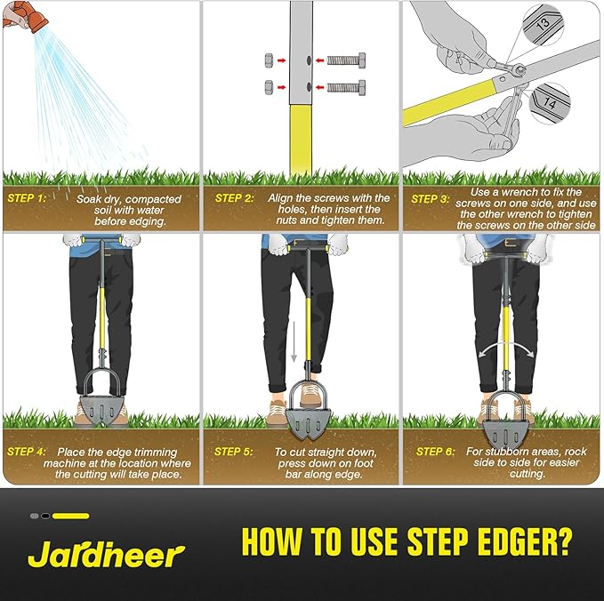 Jardineer Edger Lawn Tool Manual, Manual Half Moon Edger with Double V-Shaped Serrated Edge Blade and Wider Handle, Edging Tool for Landscaping, Sidewalks, Lawn Border, Flower Bed and Yard