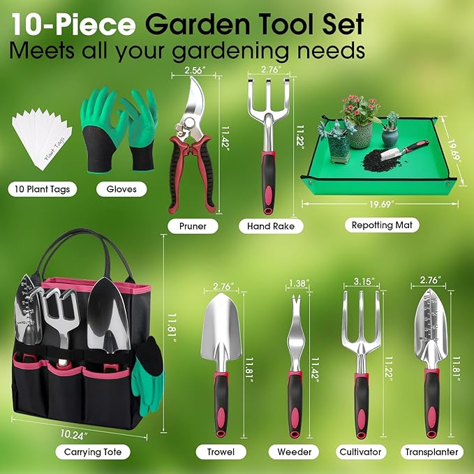 WOWBOX Garden Tools Set - 10 PCS, Heavy Duty Gardening Hand Tools Kit with Storage Tote, Rust-Resistant Gardening Supplies for Planting with Non-Slip Ergonomic Handle for Women and Men (Red)