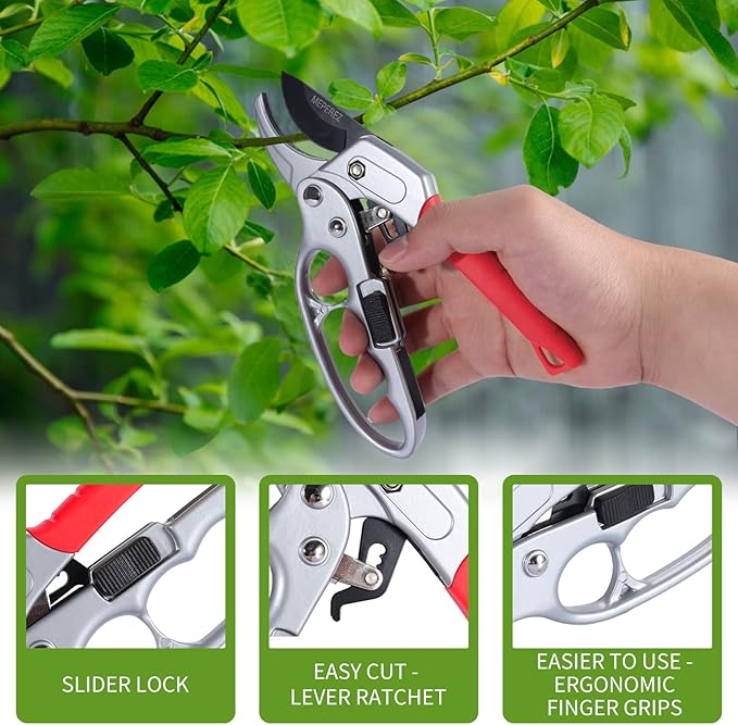 MEPEREZ Ultra Sharp Germany Steel Pruning Shears - Cuts 3X Easier, Weak Hand Arthritis Snips, Rust-Resistant, Effortlessly 1-Inch Cut Capacity Garden Scissors, Ergonomic Handle (Red)