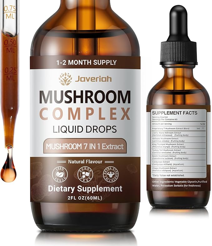 Mushroom Complex Liquid Drops Supplement with Lion's Mane, Shiitake, King Trumpet, Turkey Tail, Reishi, Cordyceps & Chaga,7 in 1 Mushrooms Complex Blend Tincture 2 fl oz