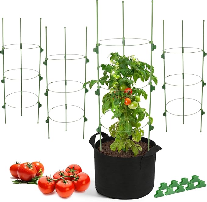 4 Pack 35.4" Tall Tomato Cages for Pots and Containers, Adjustable Tomato Plant Support with Sliding Clips, Plastic-Coated Metal Tomato Trellis Cage for Patio, Raised Bed & Garden Vegetables