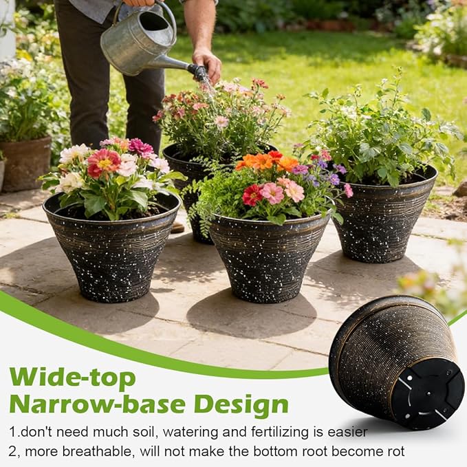 15.7 Inch Plant Pots 4 Pack, Large Planter Pots for Plants Indoor Outdoor, Sturdy Plastic Flower Pots with Drainage Hole, Retro Decorative Garden Pots, Plant Containers for House, Black