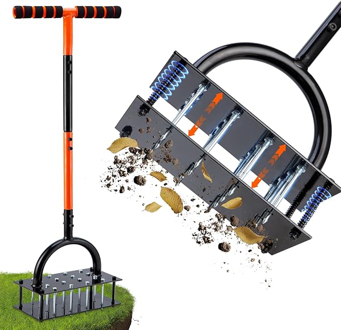 Bluesea Lawn Aerator Tool - 16 Iron Spikes with Ergonomic T-Handle, Automatic Dirt Clean for Soil Loosening & Yard Aeration, Manual Metal Grass Aerator (Black - Orange)