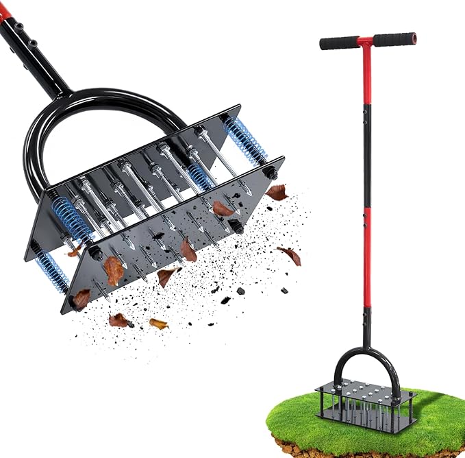 Lawn Aerator Tool, 16 Iron Spikes Manual Grass Aerator Lawn Tool with Spring-Loaded Design & Adjustable T-Handle, Automatic Leaf and Dirt Cleaning Yard Aerator for Loosening Soil Aerating Patio Garden