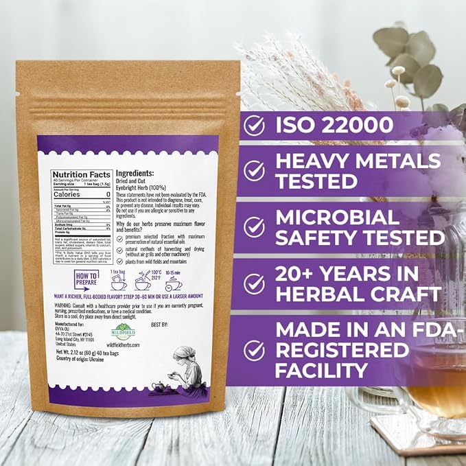 40 Bags Dried Eyebright Herb Tea Eyesight (Euphrasia) Eyebright Dried Herbal Tea - 40 Count 1.5 g Bags