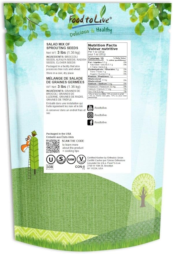 Food to Live - Salad Mix of Sprouting Seeds, 3 Pounds Broccoli, Clover, Radish, Alfalfa, Kosher, Raw, Vegan