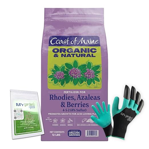 Coast of Maine RH6501 Rhody, Azalea & Berries Plant Food 12 LB – Organic Fertilizer for Acid-Loving Plants with My Garden Pool Soil Test Strips & Gardening Claw Gloves