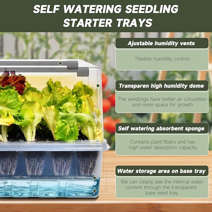 Self-Watering Seed Starter Tray with Grow Lights, 60 Cells Seed Starter Kit, Full Spectrum Grow Light for Seed Starting, Timing Set, Germination Tray Grow Kits with High Humidity Domes