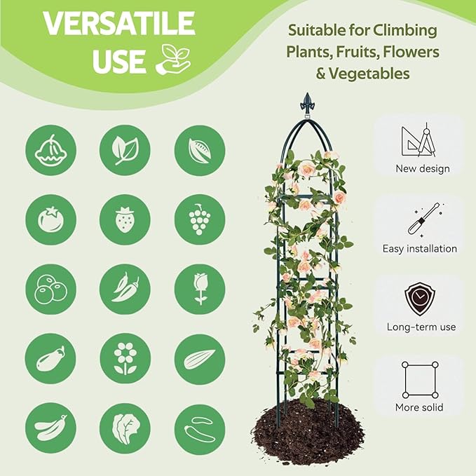 100% Metal Obelisk Trellis for Climbing Plants Outdoor & Indoor - Powder-Coated Thicken Steel Towering Plant Support - Weather-Proof Garden Trellis for Climbing Vine, Vegetables & Flowers