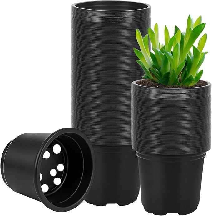 Augshy 110 Pcs 5 Inch Black Plastic Plant Pots, Nursery Pots for Succulents Seedlings, Small Plant Pots with Drainage Holes, Plastic Garden Pots for Home Gardening