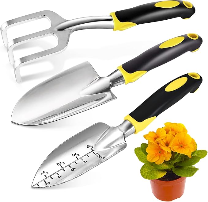 Garden Tool Set, 3 Pcs Heavy Garden Tools, Garden Shovel, Transplant Trowel and Hand Rake with Soft Rubberized Non-Slip Ergonomic Handle for Planting