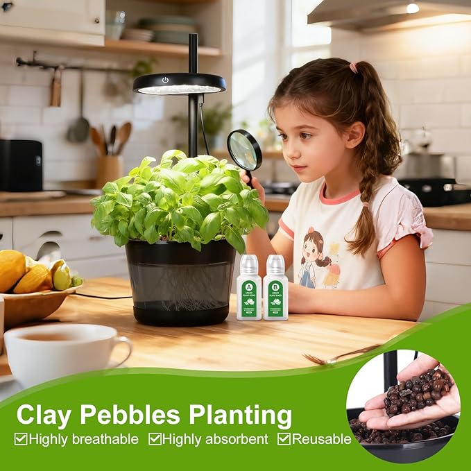 Indoor Clay pellets hydroponic Gardening System with 20-W LED Plant Grow Light.The Translucent hydroponic Growing System for Hydroponic Herbs, Vegetables, Lettuce Harvest on Countertop