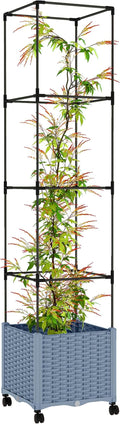 Outsunny Raised Garden Bed with Trellis, 71.7" Tomato Cage with Lockable Wheels, Self Watering Outdoor Planter Box with Drainage Holes and Plugs for Climbing Plants, Vines, Vegetables, Flowers, Gray