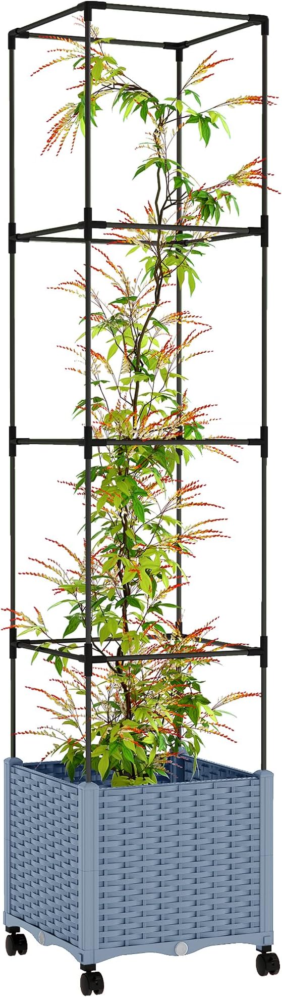 Outsunny Raised Garden Bed with Trellis, 71.7" Tomato Cage with Lockable Wheels, Self Watering Outdoor Planter Box with Drainage Holes and Plugs for Climbing Plants, Vines, Vegetables, Flowers, Gray
