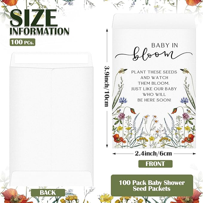 Fumete 100 Pcs Baby in Bloom Seed Packet Favors Wildflower Baby Shower Self Adhesive Envelopes for Guests Flower Packet Kraft Mini Organizer Decorations for Party Gift Favors, No Seeds (Wildflower)