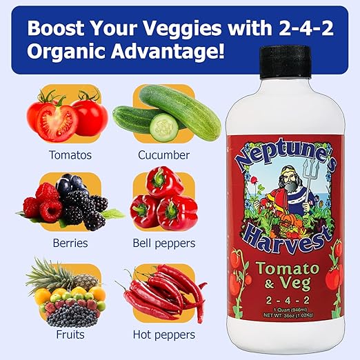 Neptune’s Harvest Organic Tomato & Vegetable Plant Fertilizer (2-4-2) - Liquid Plant Food w/Fresh Fish, Seaweed, Molasses, Yucca Extract, & Humic Acids - for Vegetable Garden (Quart (2 Pack))