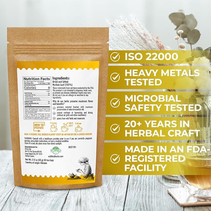 40 Bags Mullein Tea Leaf - Lungs Cleanse and Respiratory Support - Mullen (Verbáscum L.) - 40 Count 1.5g Bags Mullen Leaves Mullein Loose Leaf Hoja De Gordolobo