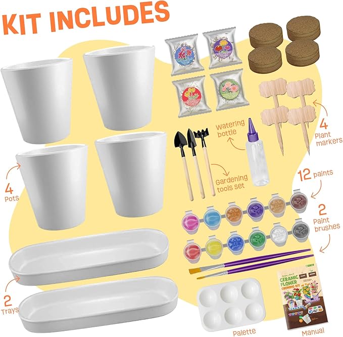 Tekoly 4 Set Paint & Plant Flower Gardening Kit - Gifts for Girls Ages 8-12, Arts and Crafts for Kids Ages 8-12, Kids Gardening Set, Toys Birthday for Girls Boys Ages 6 7 8 9 10 11 12
