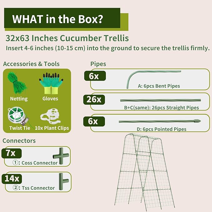 Miory Cucumber Trellis, U Shape Trellis for Raised Bed, Garden Arch Trellis for Climbing Plants Outdoor, Plant Support for Vines, Steel with PE Coated (32" Lx32 Wx63 H)