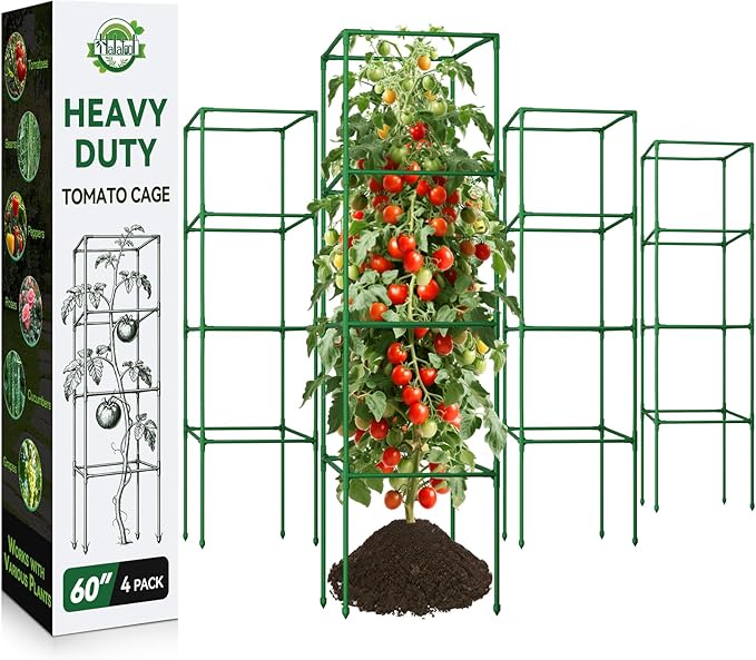 Halatool Square Tomato Cages Heavy Duty,60 Inch Foldable Metal Tomato Trellis,Large Tomato Plant Cage for Climbing Vegetables, Fruits & Flowers for Garden,4 Pack