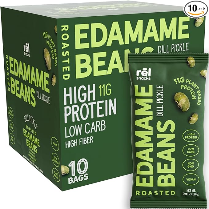 Rēl Snacks Dill Pickle Roasted Edamame – High Protein Low Carb Snack (11g Protein per Serving) – Keto-Friendly, Vegan, Non-GMO – 10-Pack 0.9oz Bags