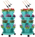 GameXcel Vertical Planter 4 Tier Stackable Planters Garden Planters Strawberry Herb Flower and Vegetable Planter Indoor Outdoor Gardening Pots with Removable Wheels and Tools