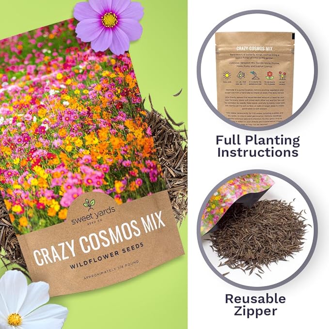 Sweet Yards Cosmos Seeds Wildflower Mixture - Bulk Quarter Pound Bag Over 20,000 Seeds - Pink, Yellow, Orange, Red, Purple and White Mixed Species - 7 Varieties Premium Quality for Planting Outdoors